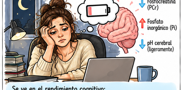 Chica agotada frente al portátil por la noche; cerebro con batería al 30% y marcadores PCr/Pi/pH cerebral