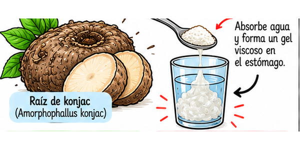 Raíz de konjac (Amorphophallus konjac) y vaso con glucomanano formando gel viscoso en agua
