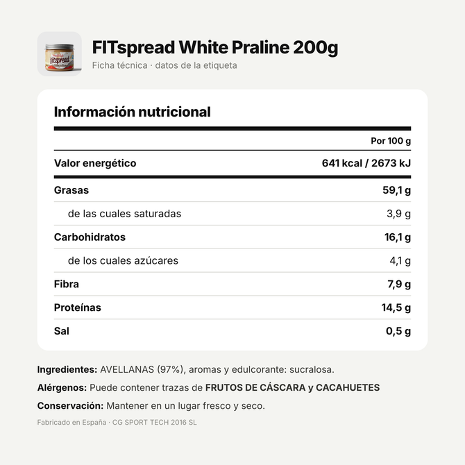 FITspread White Praline 200g: información nutricional e ingredientes