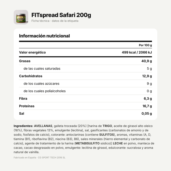 FITspread Safari 200g: información nutricional e ingredientes