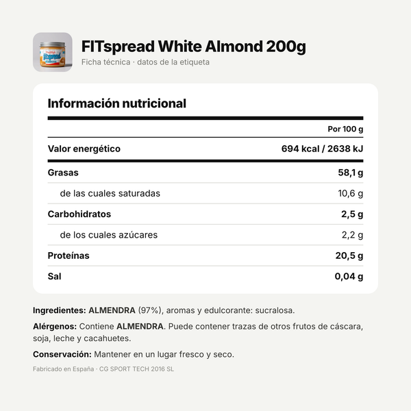 FITspread White Almond 200g: información nutricional e ingredientes