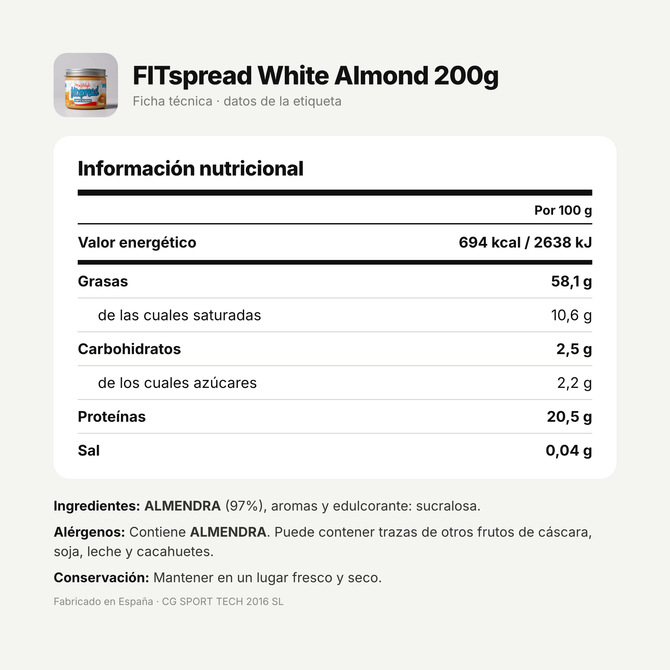 FITspread White Almond 200g: información nutricional e ingredientes