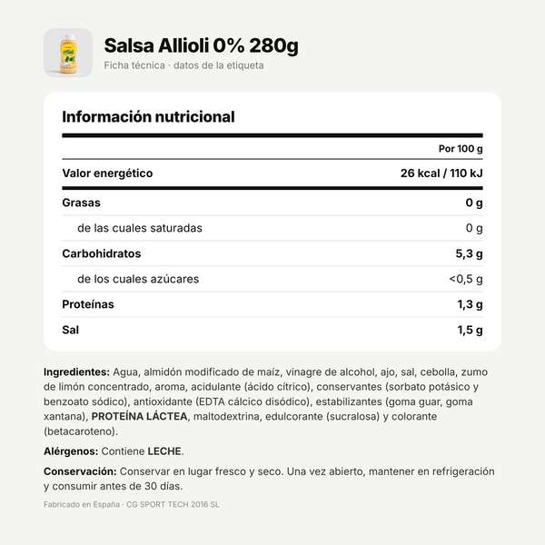 Salsa Allioli 0% FITstyle 280 g: información nutricional e ingredientes