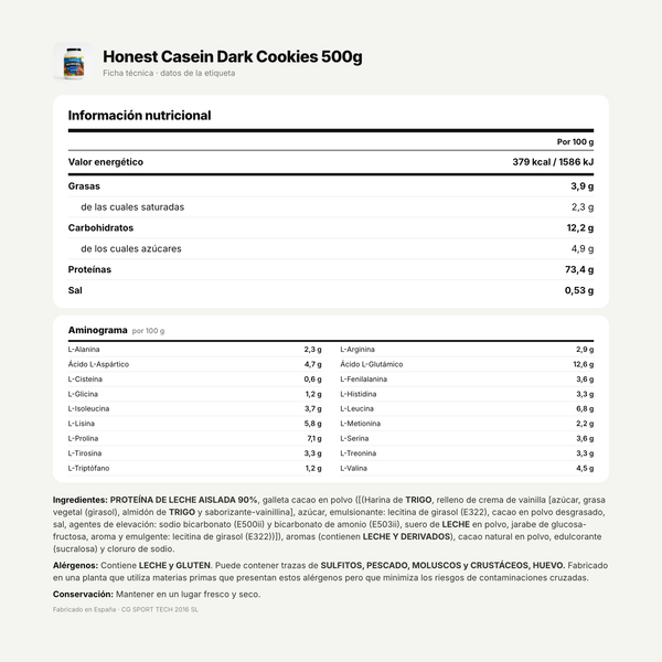 Honest Casein Dark Cookies 500g: información nutricional e ingredientes