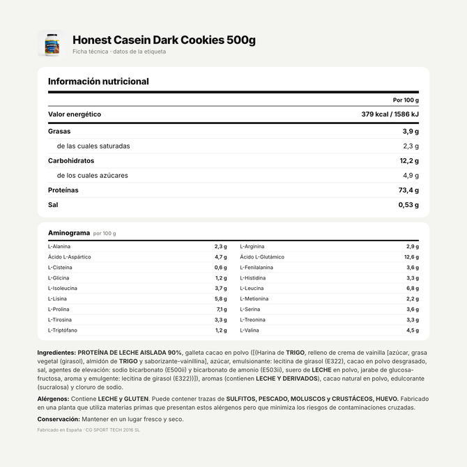Honest Casein Dark Cookies 500g: información nutricional e ingredientes