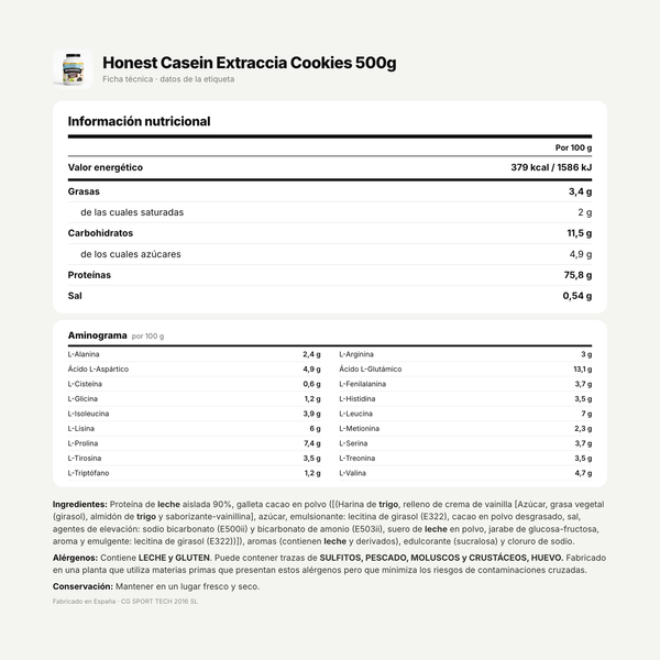 Honest Casein Extraccia Cookies 500g: información nutricional e ingredientes