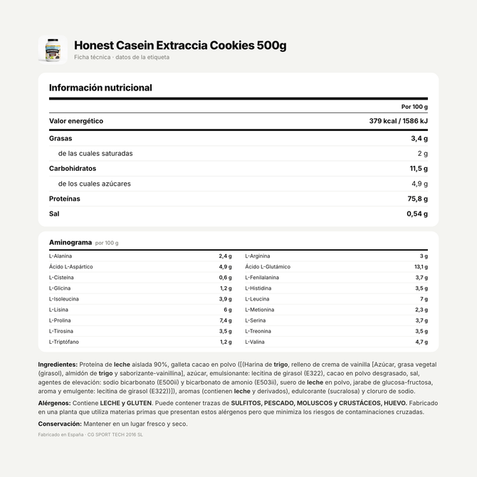 Honest Casein Extraccia Cookies 500g: información nutricional e ingredientes