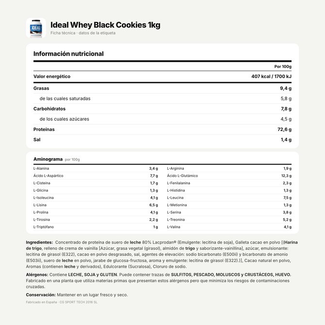 Ideal Whey Black Cookies 1kg: información nutricional e ingredientes