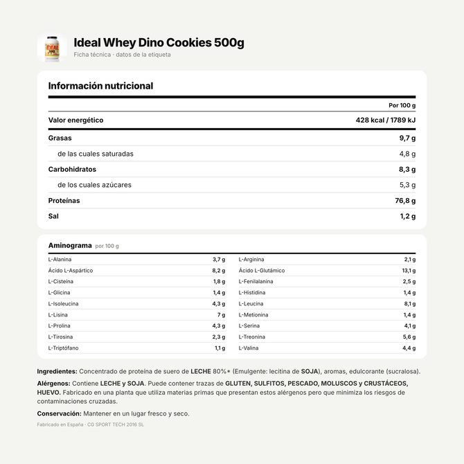 Ideal Whey Dino Cookies 500g: información nutricional e ingredientes