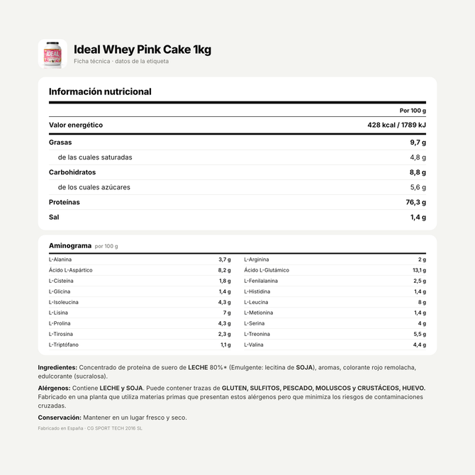 Ideal Whey Pink Cake 1kg: información nutricional e ingredientes