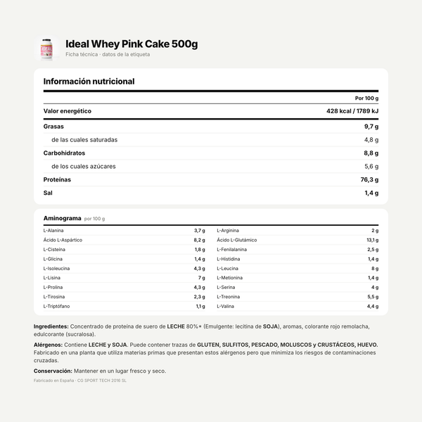 Ideal Whey Pink Cake 500g: información nutricional e ingredientes