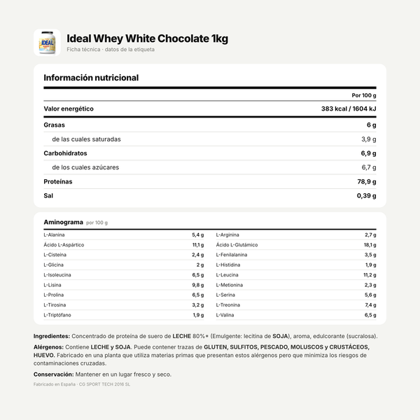 Ideal Whey White Chocolate 1kg: información nutricional e ingredientes