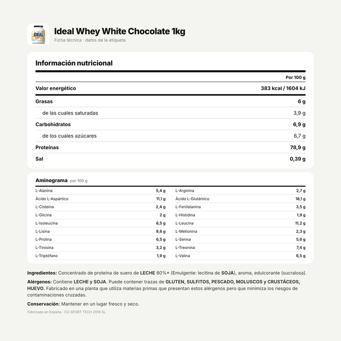 Ideal Whey White Chocolate 1kg: información nutricional e ingredientes