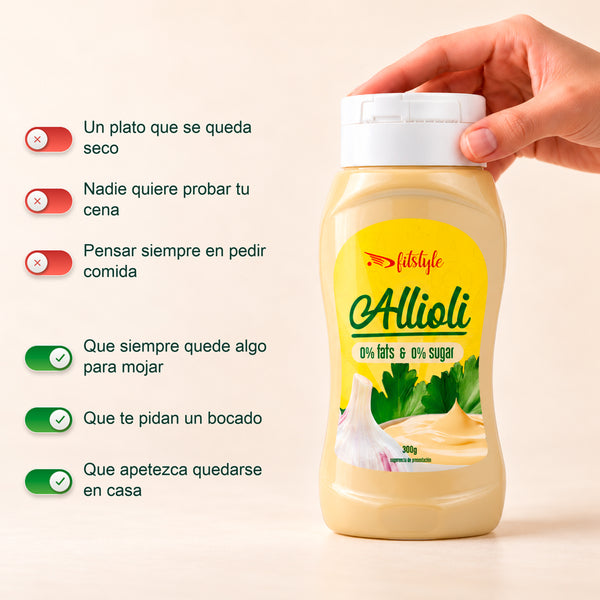 Salsa Allioli 0% FITstyle 280 g, en la mano