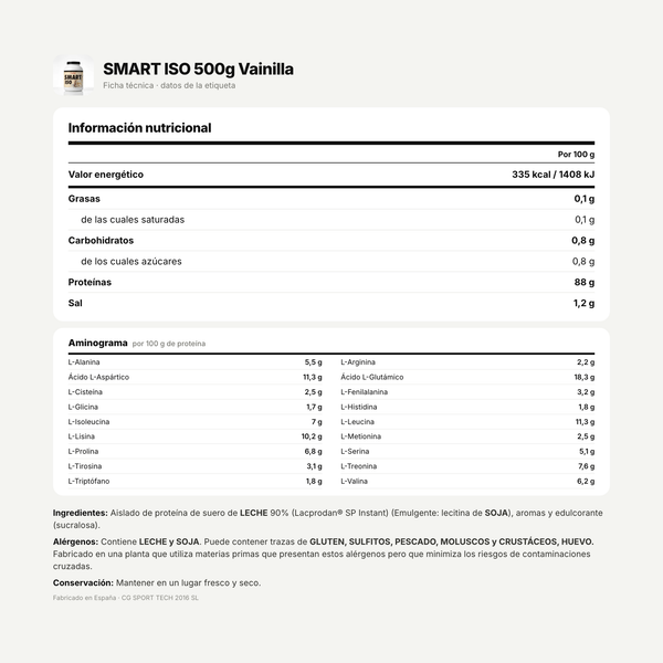 SMART ISO 500g Vainilla: información nutricional e ingredientes